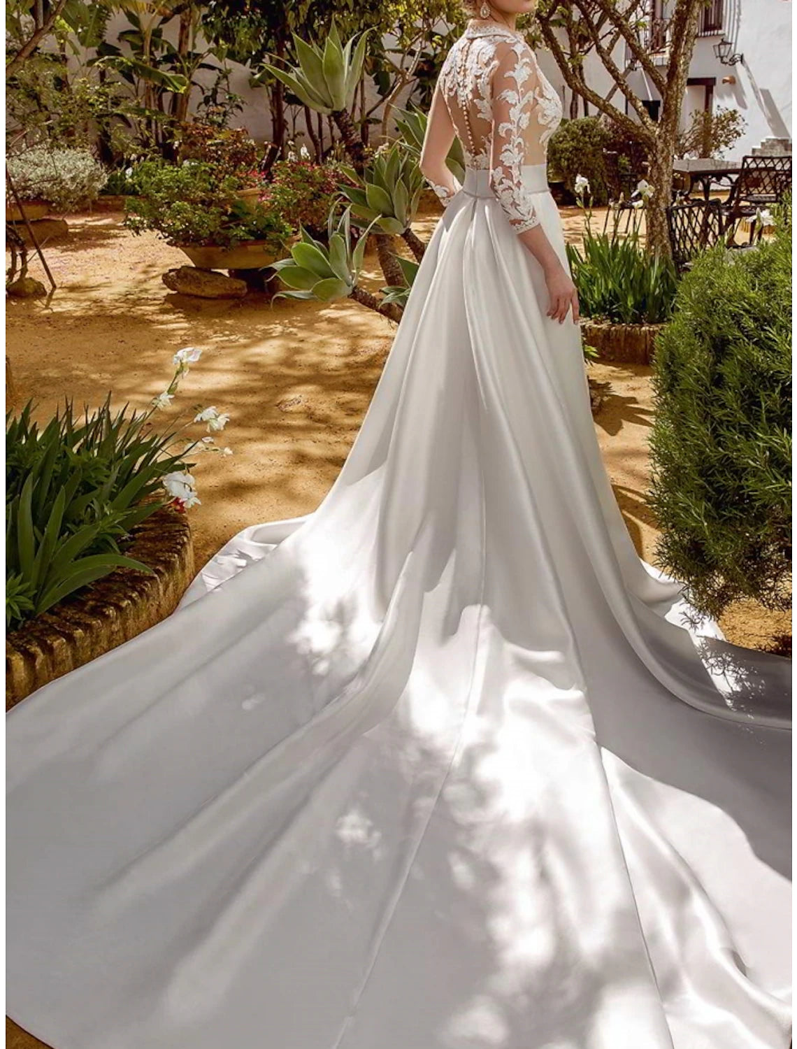 Wholesale Formal Wedding Dresses A-Line V Neck 3/4 Length Sleeve Court Train Satin Bridal Gowns With Pleats Solid Color